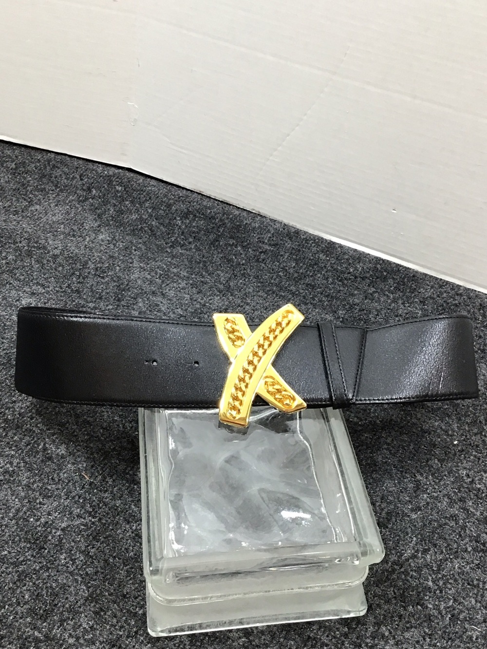 Vintage Paloma Picasso Italy wide black leather belt gold chain X buckle L